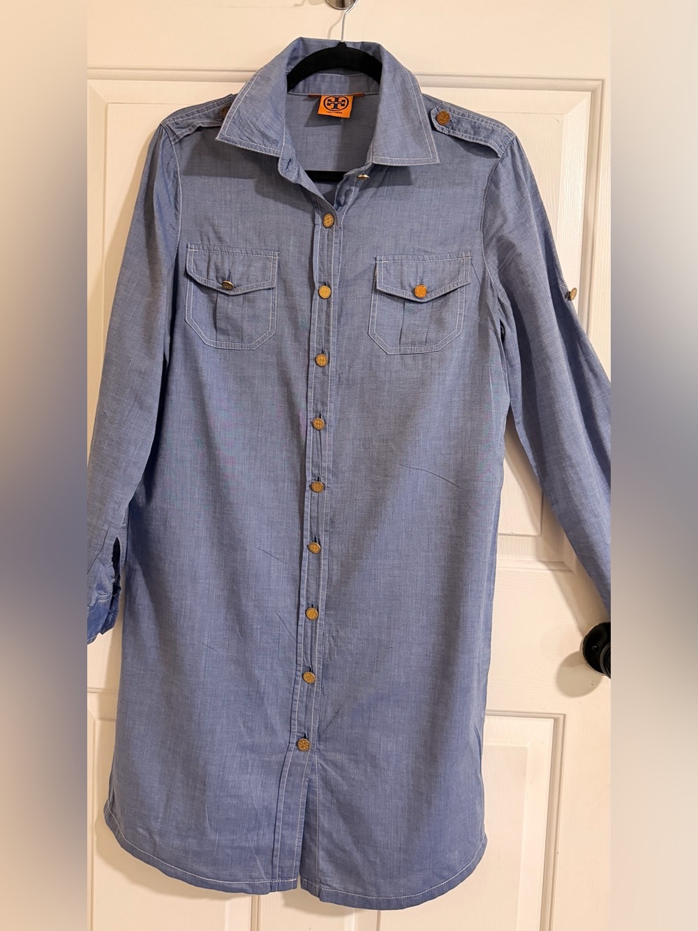 Tory Burch Light Blue Chambray Button-Front Shirt dress with belt loop. As IS